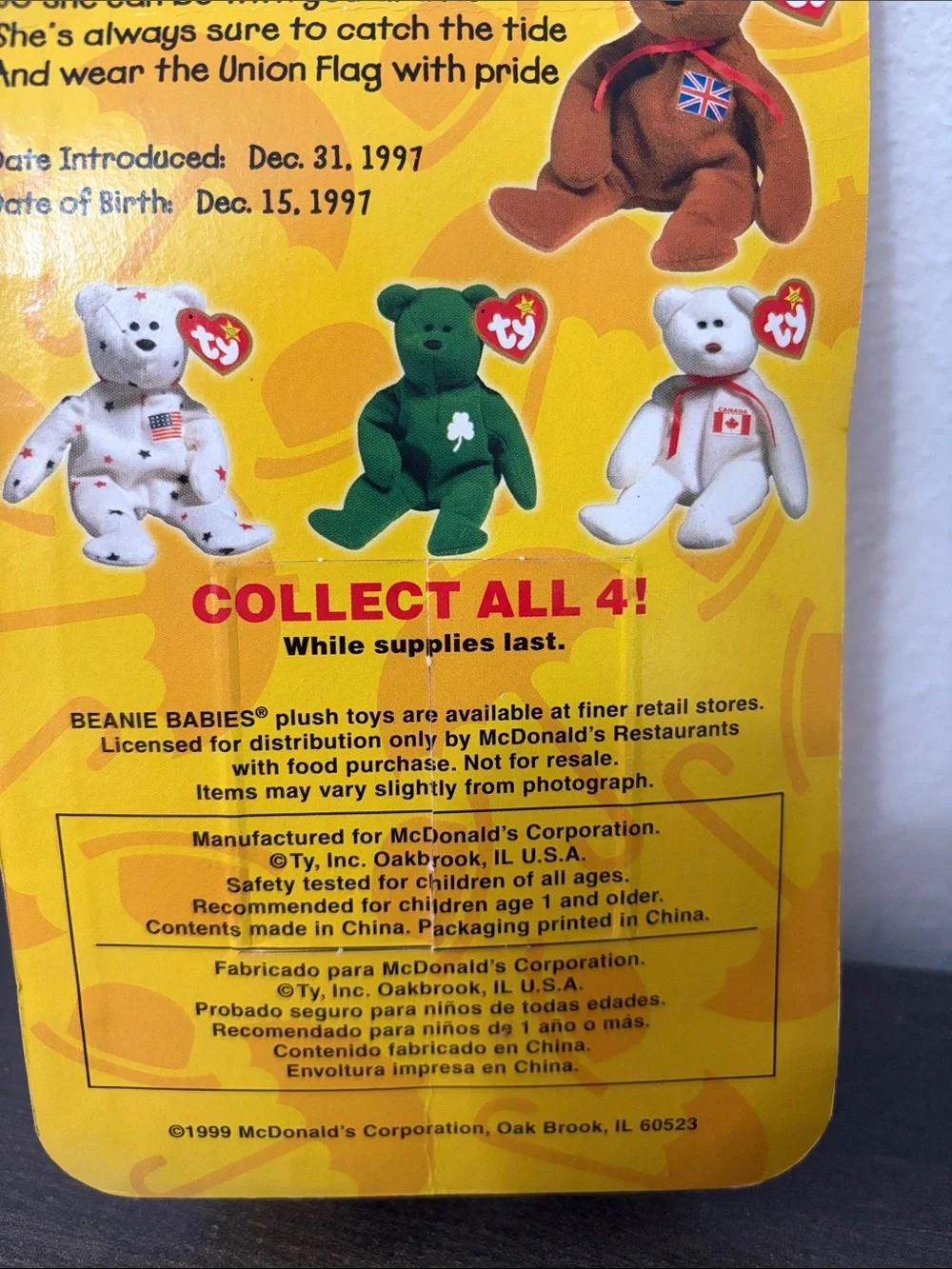 Vintage 1999 McDonald's Ty‎ Britannia the Bear Plush in package SEALED